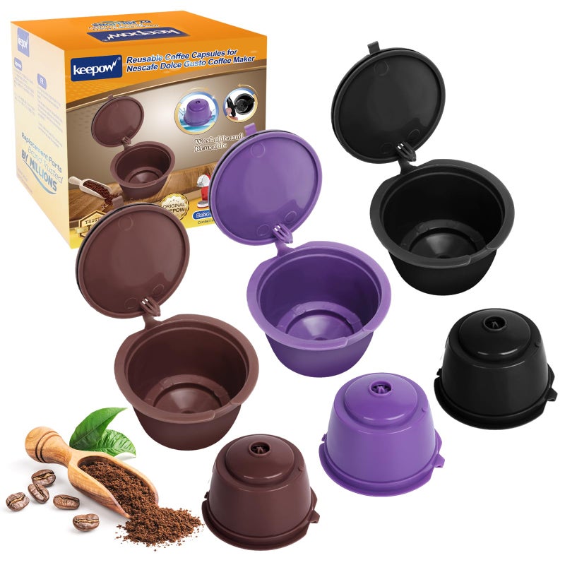 KEEPOW Reusable Coffee Capsules Compatible with Nescafe Dolce Gusto Machine Refillable Coffee Pods 6 Pack 2 Black 2 Brown 2 Purple